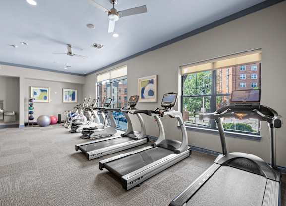 A gym with treadmills and exercise equipment.