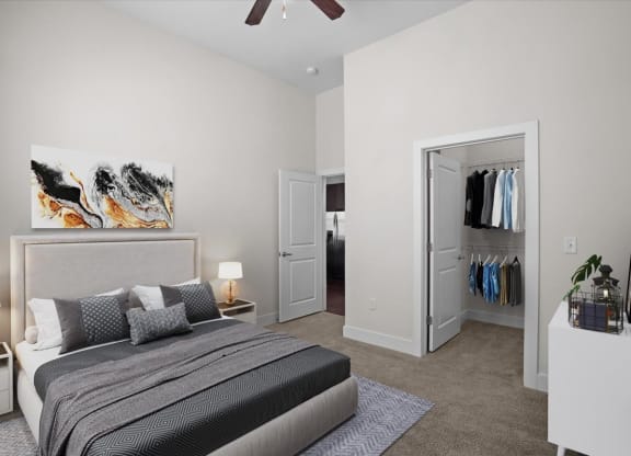 a bedroom with a bed and a closet