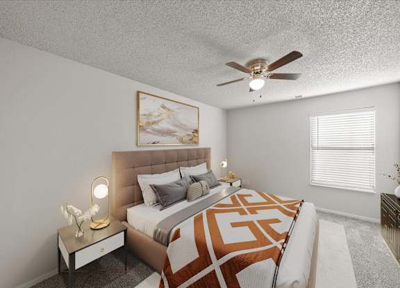 A bedroom with a bed, a nightstand with a lamp, and a painting on the wall.