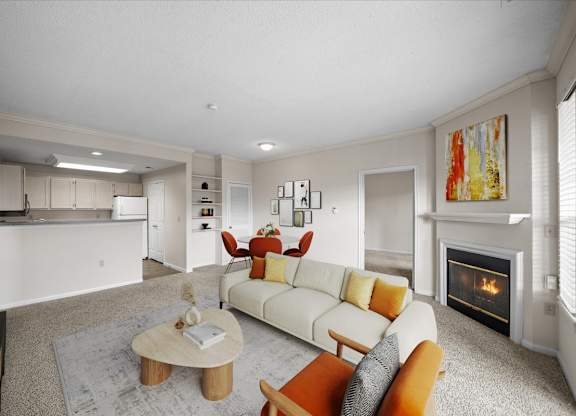 Living Room With Fireplace at The Claremont Apartment Homes, Overland Park, KS 66210
