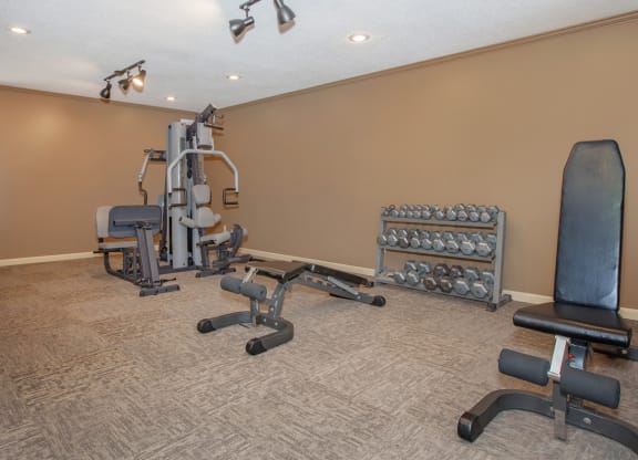 A fitness center with free weights, workout benches, and resistance machine.