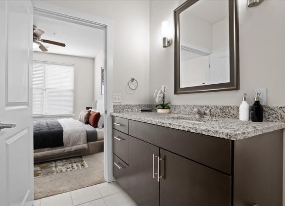 a bathroom with a sink and a mirror and a bedroom