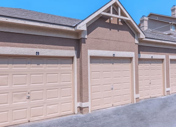 A row of detached garages at Stonepost Lakeside Apartment Homes in Olathe, Kansas.