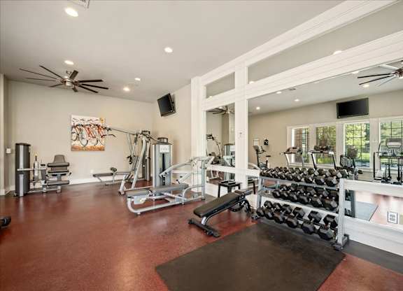 A gym with a variety of equipment including weights and cardio machines.