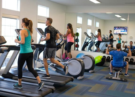 A group of people are exercising on treadmills in a gym.