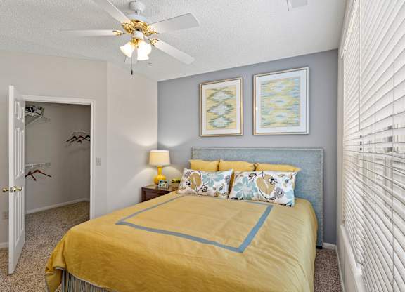 A bedroom with a ceiling fan and large walk in closet.