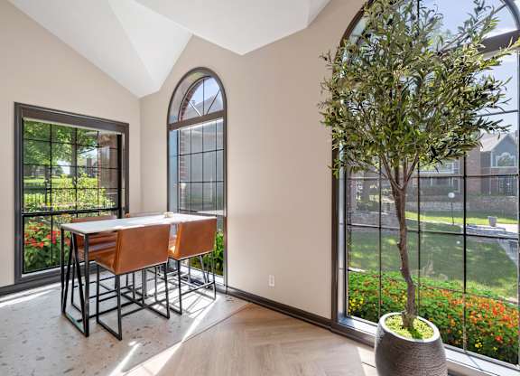 A room with a table and chairs and a potted tree.