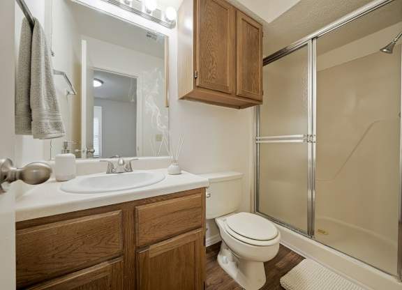 A bathroom with a toilet, sink, and shower.