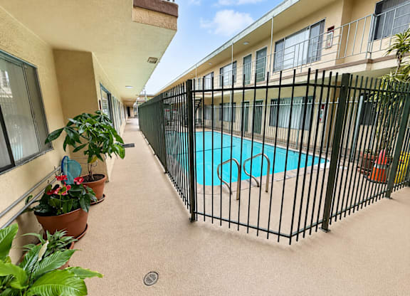 A black fence surrounds a small pool.