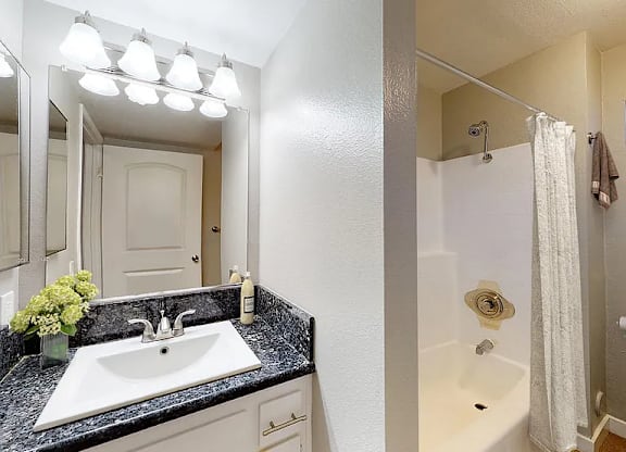 A bathroom with a sink, mirror, and shower.