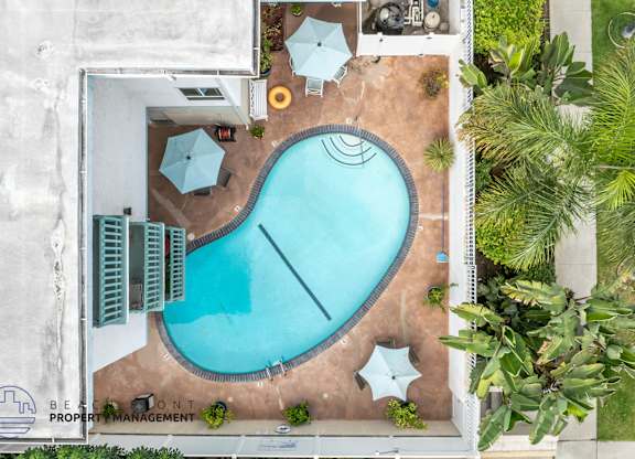 An aerial view of a pool surrounded by buildings and greenery.