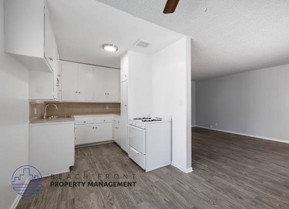 a white kitchen with white cabinets and a wood floor