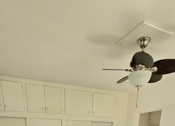A room with a ceiling fan and wooden flooring.