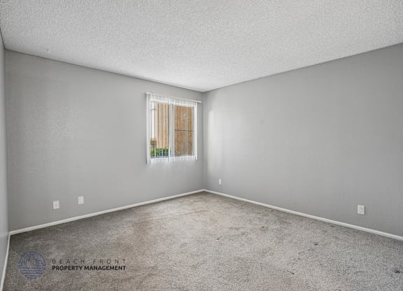 A room with a window and a carpeted floor.