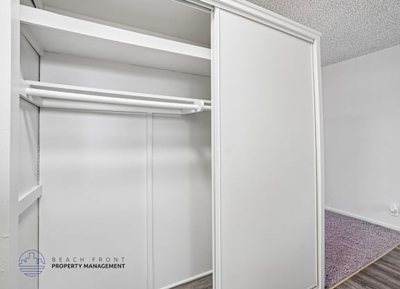 A white closet with a shelf and a purple rug on the floor.