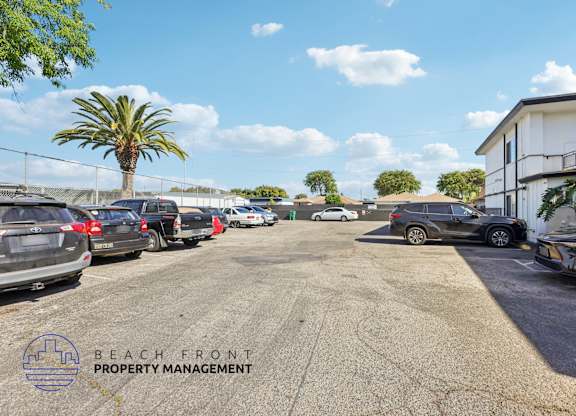 A parking lot with several cars and a palm tree in the background.