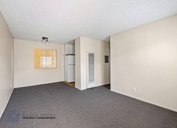 A spacious room with a grey carpet and white walls, featuring a window with blinds, a white door, and a small table with a lamp.