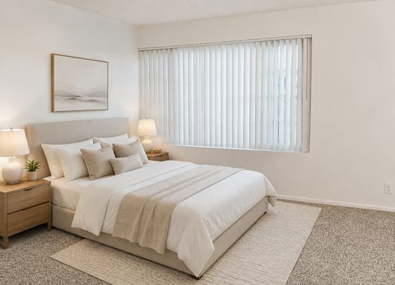 A bedroom with a large bed and two lamps on nightstands.