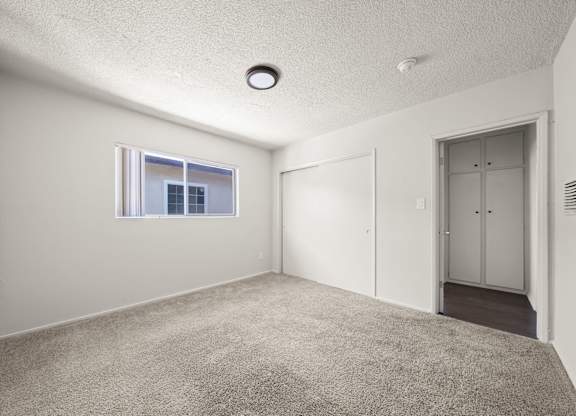 A room with a carpeted floor, a window, and a door.