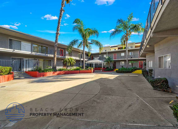 A sunny day at the beachfront property with palm trees and apartments.