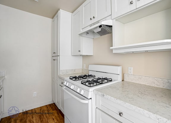 A white kitchen with a stove and cabinets.
