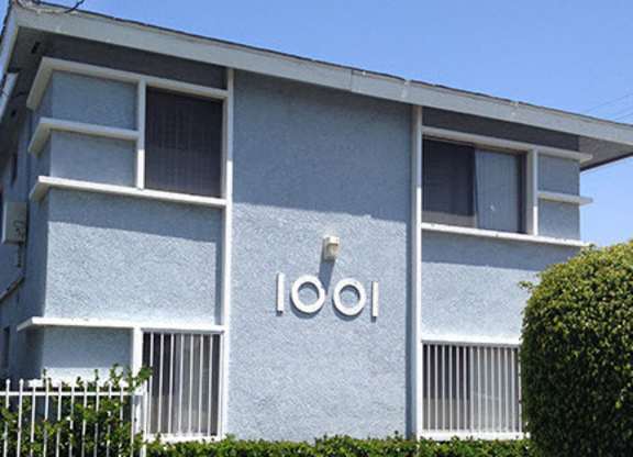 A blue building with the word