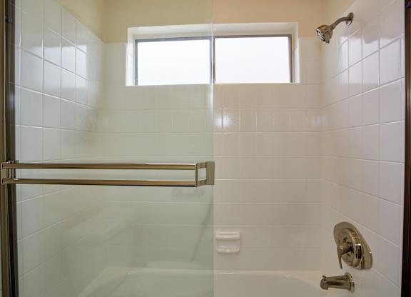 a bathroom with a shower and a bathtub