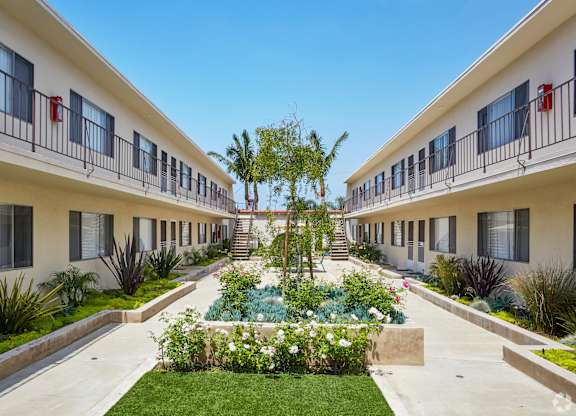 a courtyard with plants and trees in front of a building