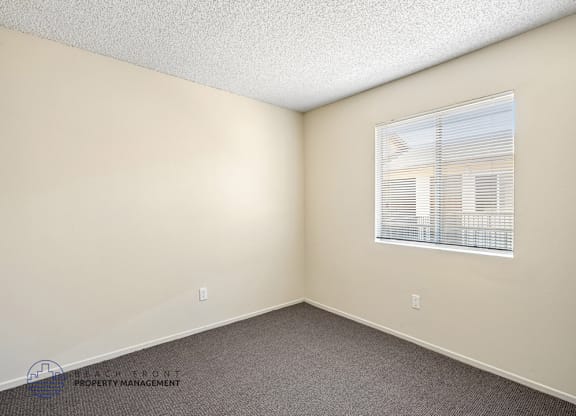A room with a window and a carpeted floor.