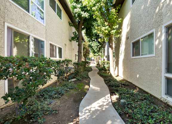 A pathway between two buildings with green plants on the sides.