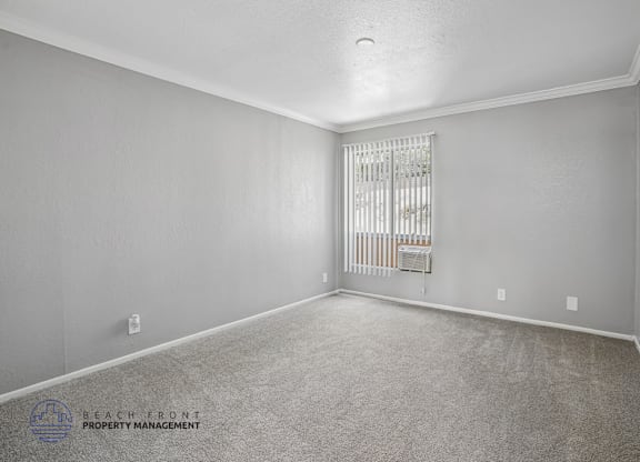 A room with a carpeted floor and a window with blinds.