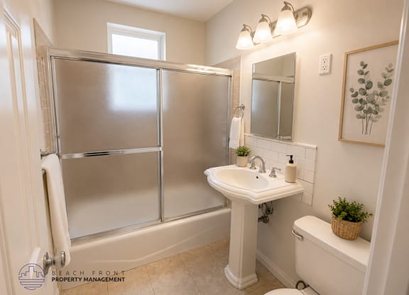 A bathroom with a white sink, toilet, and bathtub.