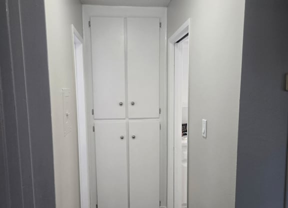A hallway with a white door and a white cabinet.
