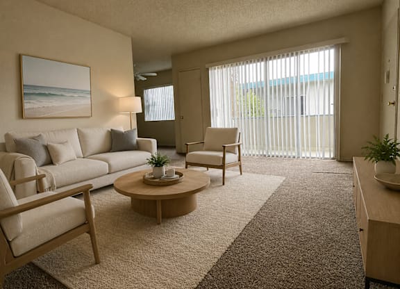 A living room with a couch, chair, and a painting on the wall.