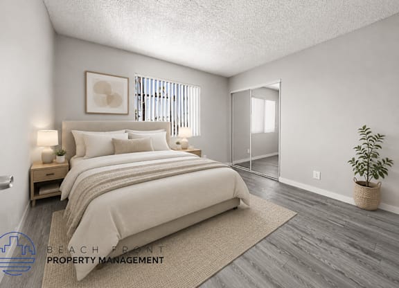 A bedroom with a large bed and a plant in a woven basket.