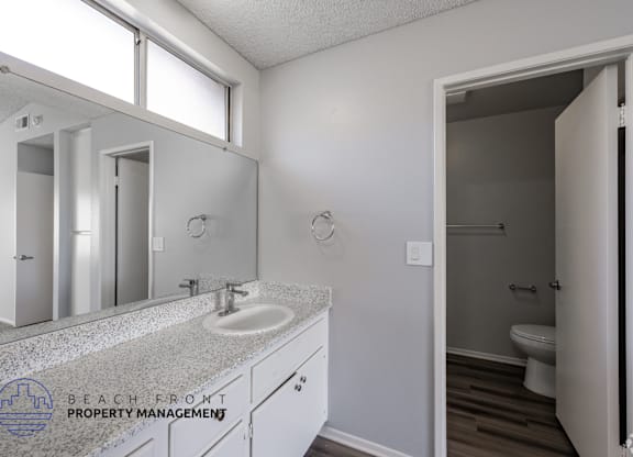 A bathroom with a sink, mirror, and toilet.