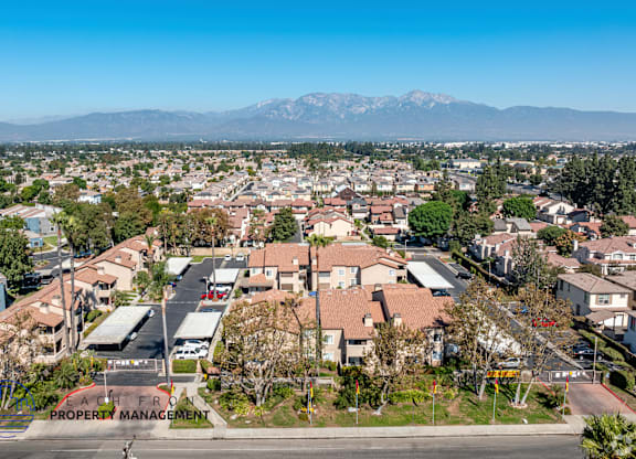A neighborhood with houses and a mountain in the background.