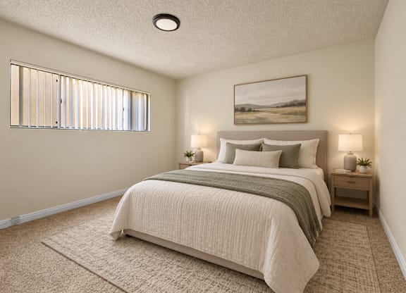 A bedroom with a large bed and a painting on the wall.