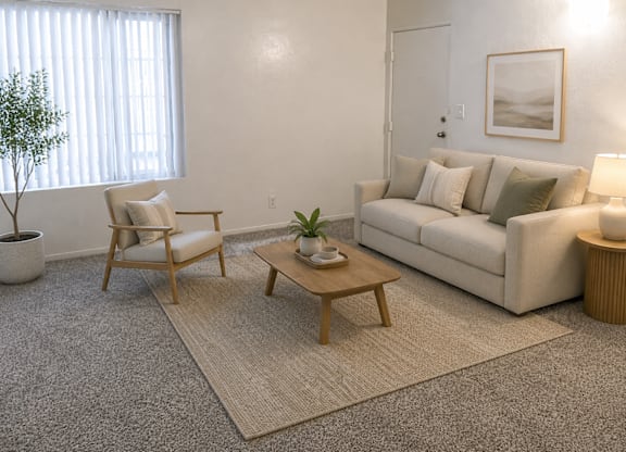 A living room with a couch, chair, and coffee table.
