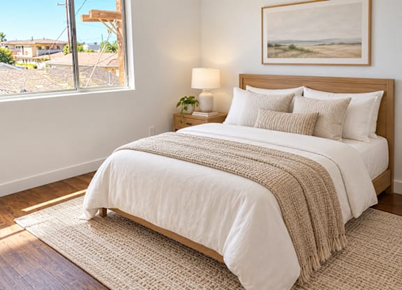 A bedroom with a large bed and a painting on the wall.