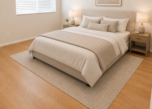 A bedroom with a large bed and two lamps on the nightstands.