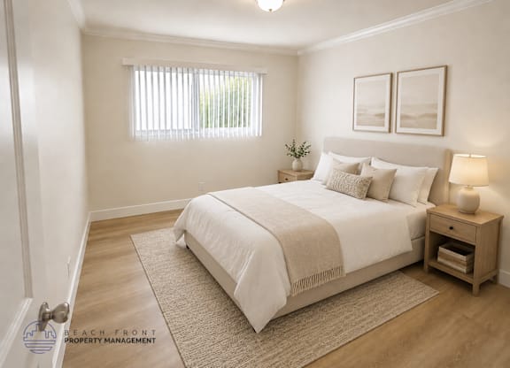 A bedroom with a bed, nightstand, and window.