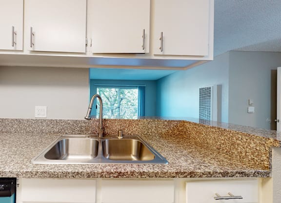 A kitchen with a granite countertop and a window.