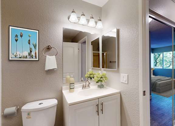 A bathroom with a toilet, sink, and mirror.