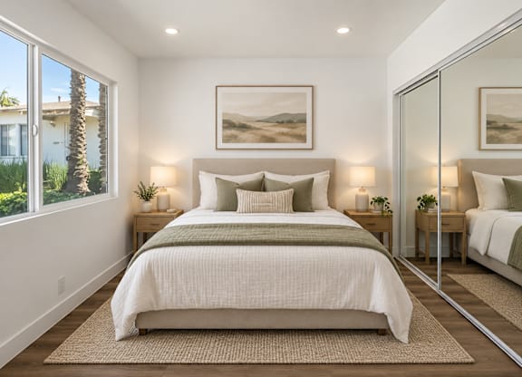 A bedroom with a large bed and a painting on the wall.