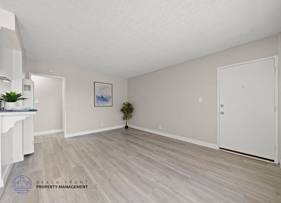A spacious room with light wood flooring and a white door.