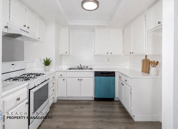 A kitchen with white cabinets and a blue dishwasher.
