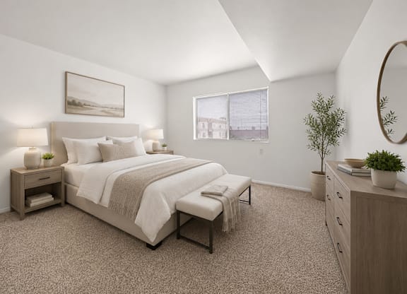 A bedroom with a large bed, nightstands, and a plant.