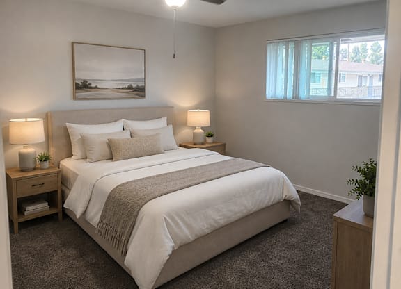 A bedroom with a large bed and a painting on the wall.