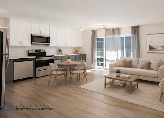 A well-lit, modern kitchen with a dining table and chairs in the foreground.